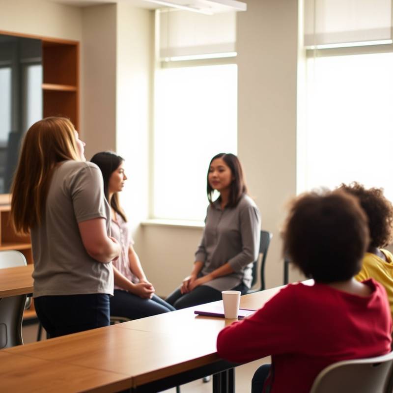 Ein Klassenzimmer mit Studenten, die von einem Sprechtrainer im Stimmtraining angeleitet werden.